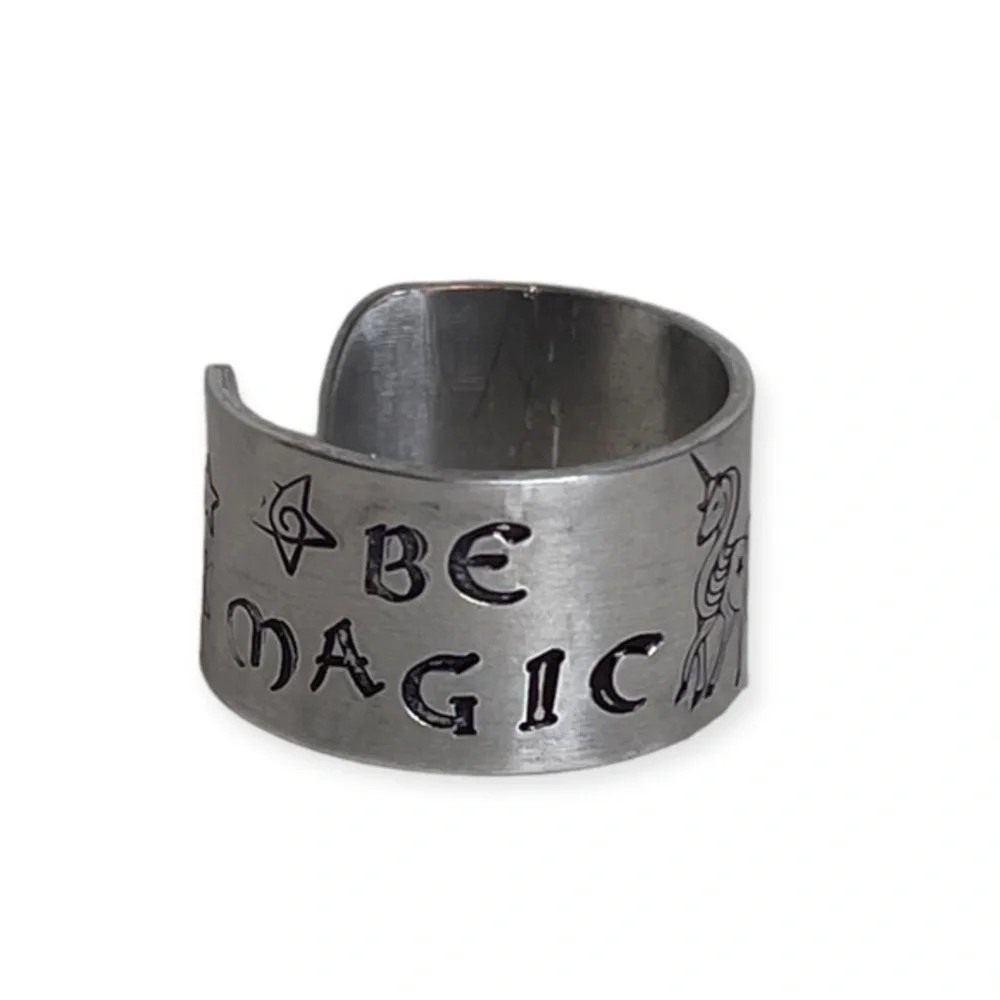 Handmade 8/9 stamped Be Magic unicorn & stars silver adjustable wide cuff ring‎